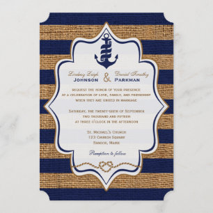 Nautical, FAUX Burlap Stripes Wedding Invite Kaart