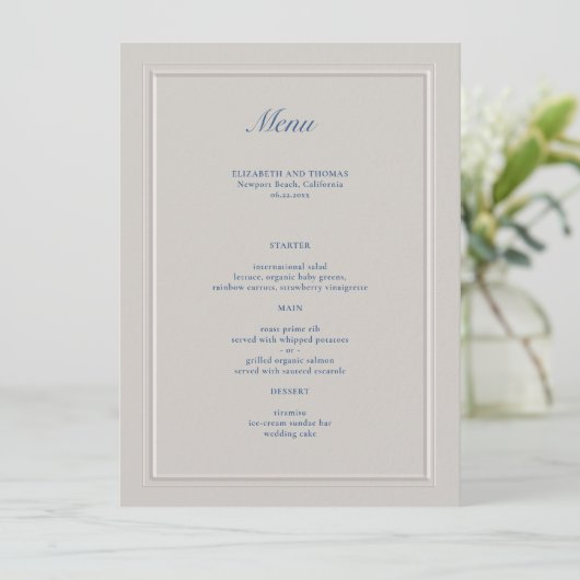Nautical Faux Embossed Blue Modern Classic Wedding Menu (Staand voorkant)