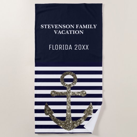 Nautical Faux Glitter Family Vacation Blue Anchor Strandlaken (Voorkant)