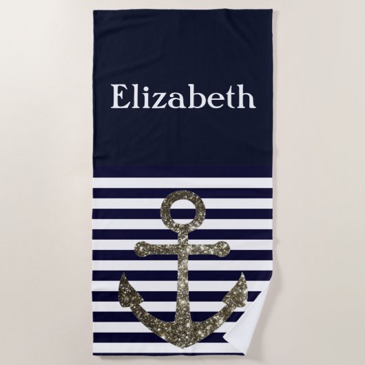 Nautical Faux Glitter Name Anchor Towel Strandlaken (Voorkant)