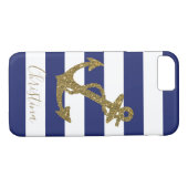 Nautical Faux Gold Glitter Anchor Blue Stripes Case-Mate iPhone Case (Achterkant (Horizontaal))