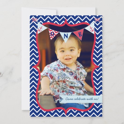 Nautical First Birthday Boy Photo Party Invitation Kaart (Voorkant)