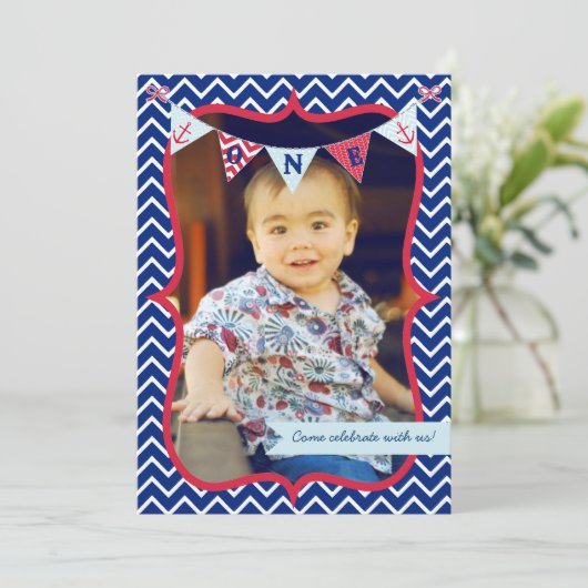 Nautical First Birthday Boy Photo Party Invitation Kaart (Staand voorkant)