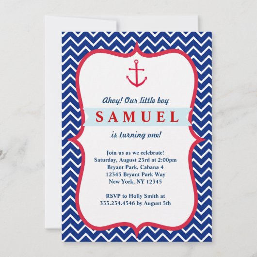 Nautical First Birthday Boy Photo Party Invitation Kaart (Achterkant)