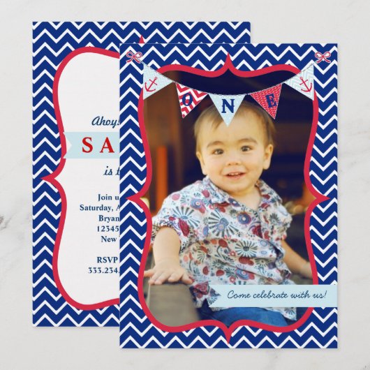 Nautical First Birthday Boy Photo Party Invitation Kaart (Voorkant / Achterkant)