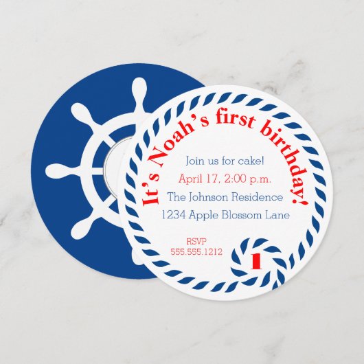 Nautical First Birthday Party Kaart (Voorkant / Achterkant)