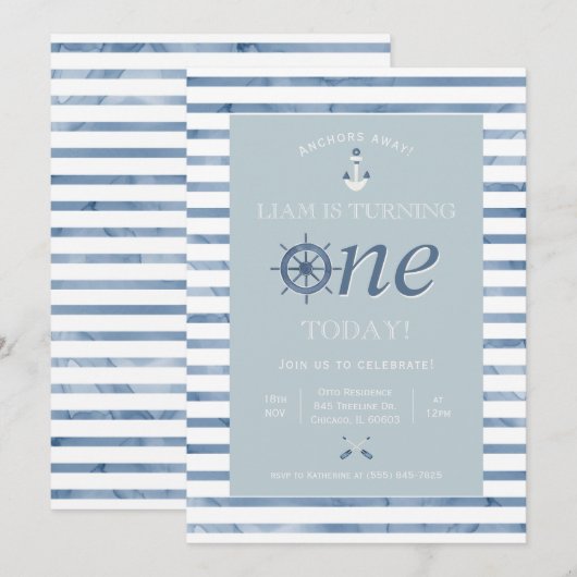 Nautical First Birthday Uitnodiging (Voorkant / Achterkant)