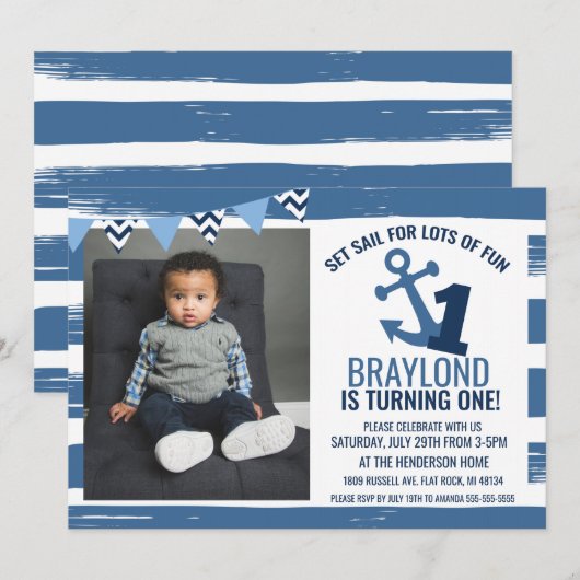 Nautical First Birthday Uitnodiging (Voorkant / Achterkant)
