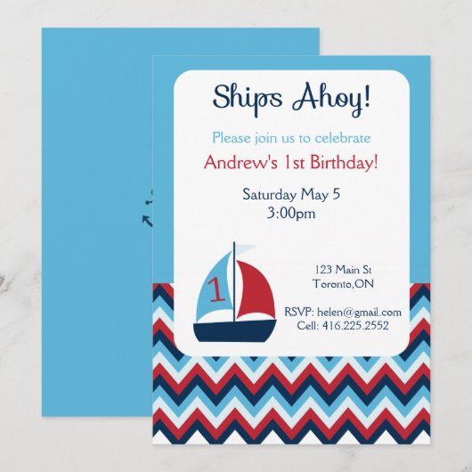 Nautical First Birthday Uitnodiging (Voorkant / Achterkant)