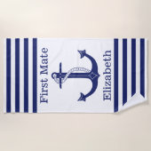 Nautical First Mate Blauw Anker gepersonaliseerd Strandlaken (Voorkant)
