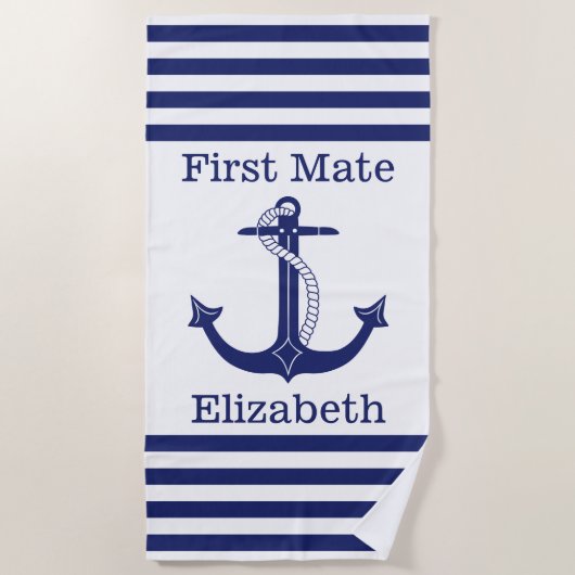 Nautical First Mate Blauw Anker gepersonaliseerd Strandlaken (Voorkant)