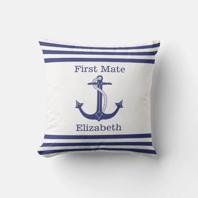 Nautical First Mate Blue Anchor Naam toevoegen Buitenkussen (Voorkant)