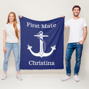 Nautical First Mate White Anchor Personalized Fleece Deken