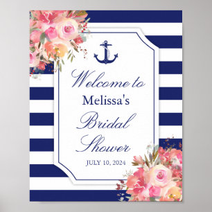 Nautical Floral Anchor Blue Stripe Vrijgezellenfee Poster