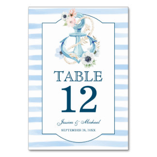 Nautical Floral Anchor Blue Stripes Beach Wedding Kaart