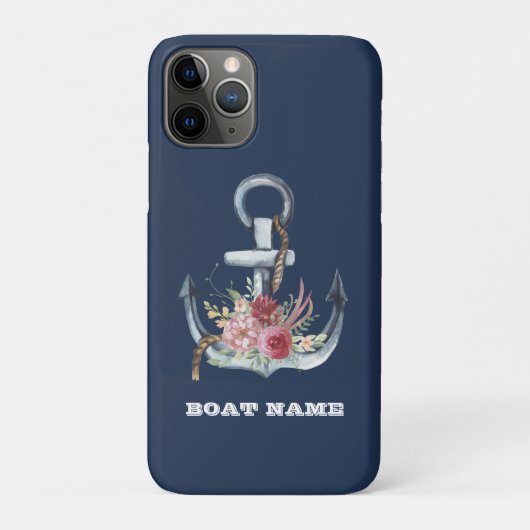 Nautical Floral Anchor Boat Name Navy Blue Case-Mate iPhone Case (Achterkant)