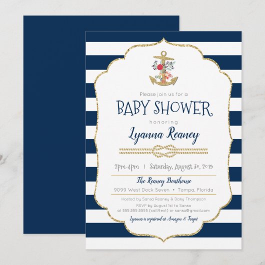 Nautical Floral Anchor Navy Blue Baby shower Kaart (Voorkant / Achterkant)