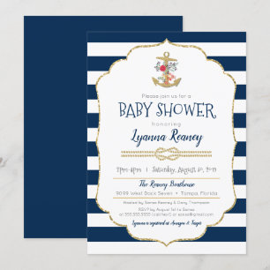 Nautical Floral Anchor Navy Blue Baby shower Kaart