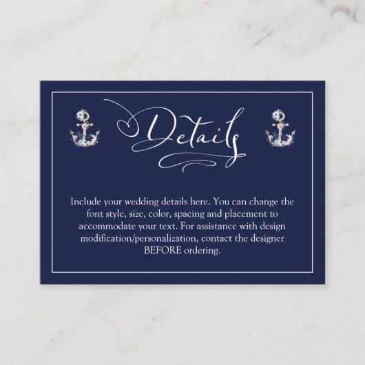 Nautical Floral Anchor Navy Blue DETAILS Informatiekaartje (Voorkant)