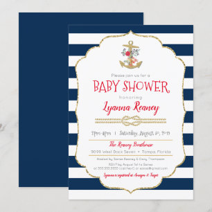 Nautical Floral Anchor Navy Blue Red Baby shower Kaart