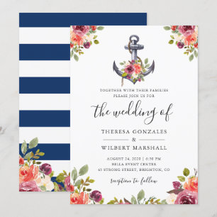 Nautical Floral Anchor Navy Blue Stripes Wedding Kaart