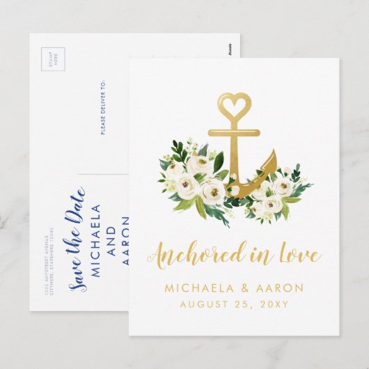 Nautical Floral Anchor Save the Date Briefkaart (Voorkant / Achterkant)