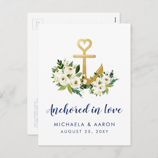 Nautical Floral Anchor Save the Date Briefkaart (Voorkant / Achterkant)