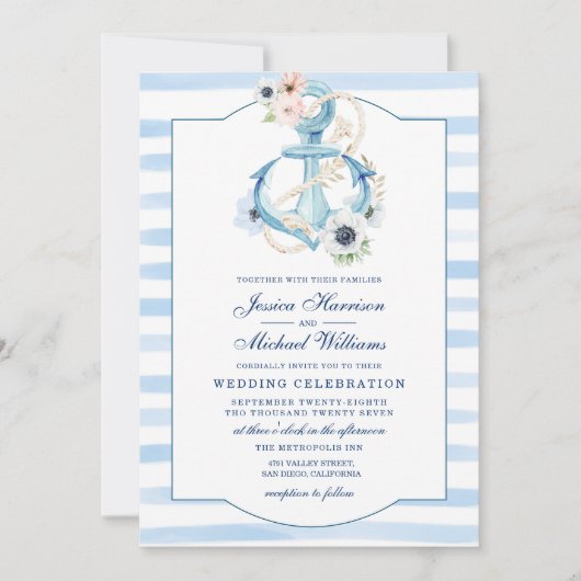 Nautical Floral Anchor Waterverf Stripes Wedding Kaart (Voorkant)