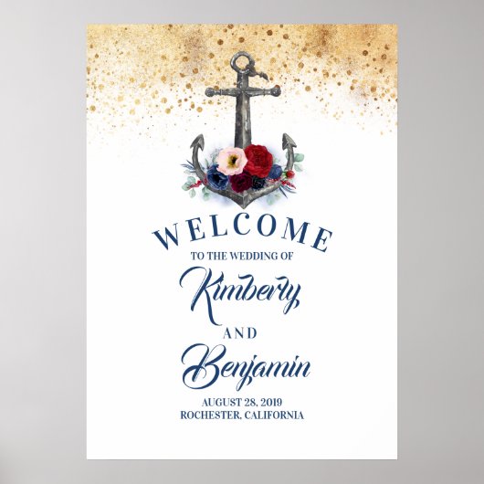Nautical Floral Anchor Wedding Welcome Sign Poster (Voorkant)