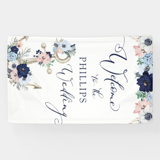 Nautical Floral Anchor Welcome Wedding Nautical Spandoek (Horizontaal)