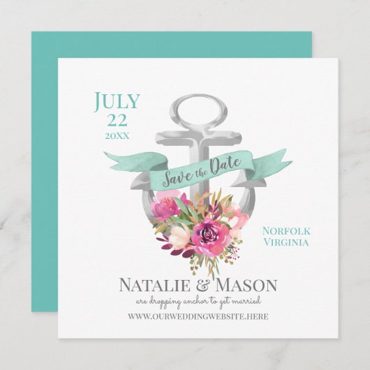 Nautical Floral Anchor with Ribbon Save the Date (Voorkant / Achterkant)