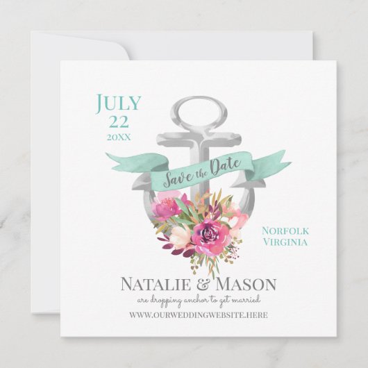 Nautical Floral Anchor with Ribbon Save the Date (Voorkant)