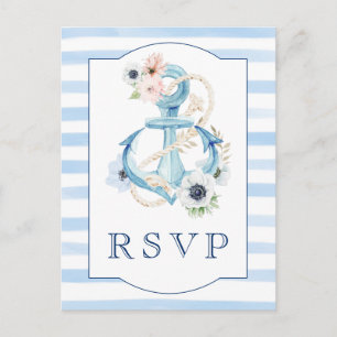 Nautical Floral Blue Stripes Beach Wedding RSVP Briefkaart