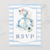 Nautical Floral Blue Stripes Beach Wedding RSVP Briefkaart (Voorkant)