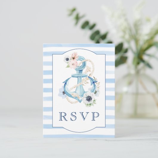 Nautical Floral Blue Stripes Beach Wedding RSVP Briefkaart (Staand voorkant)