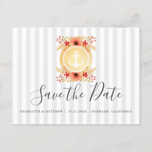 Nautical Floral Gold Anchor Wedding Save the Date Aankondigingskaart
