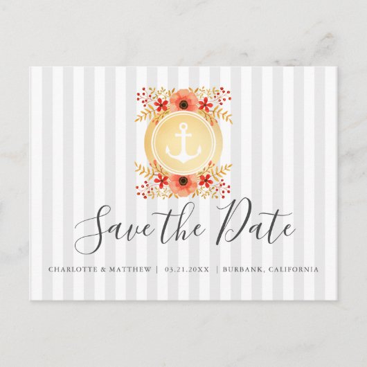 Nautical Floral Gold Anchor Wedding Save the Date Aankondigingskaart (Voorkant)