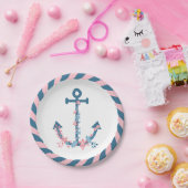 Nautical Floral Ship Anchor Pink Blue Flowers Rope Papieren Bordje (Feest)