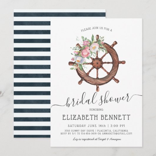 Nautical Floral Ship's Wheel | Vrijgezellenfeest Kaart (Voorkant / Achterkant)