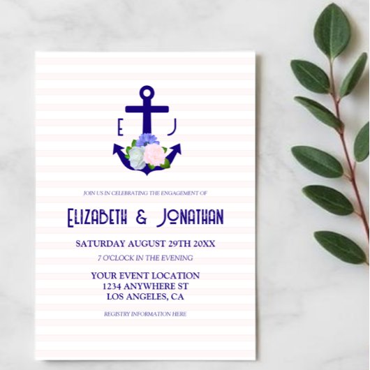 Nautical Floral Stripes Engagement Party Kaart