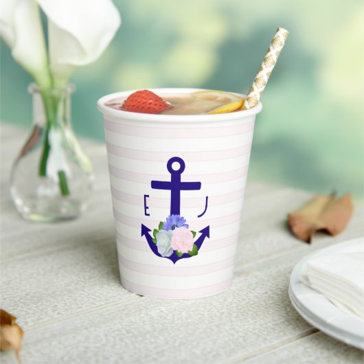 Nautical Floral Stripes Wedding Papieren Bekers (Insitu)