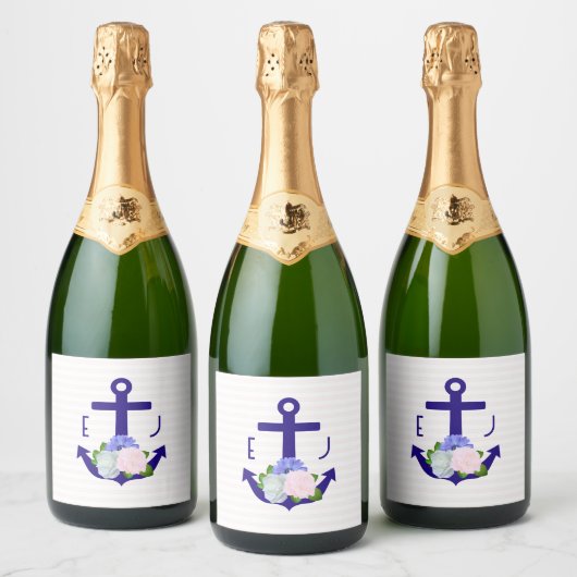 Nautical Floral Stripes Wedding Sparkling Wijnetiket (Flessen)