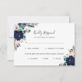 Nautical Flowers Navy and Pink Wedding Meal Choice RSVP Kaartje