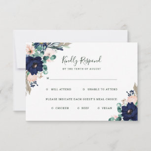 Nautical Flowers Navy and Pink Wedding Meal Choice RSVP Kaartje