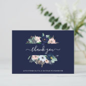 Nautical Flowers Navy Blue en Blush Pink Wedding Bedankkaart (Staand voorkant)