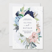 Nautical Flowers Navy Blue en Blush Pink Wedding Kaart (Voorkant)