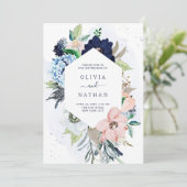 Nautical Flowers Navy Blue en Blush Pink Wedding Kaart (Staand voorkant)