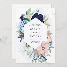 Nautical Flowers Navy Blue en Blush Pink Wedding Kaart
