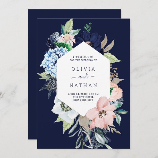 Nautical Flowers Navy Blue en Blush Pink Wedding Kaart (Voorkant / Achterkant)