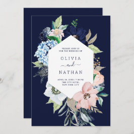 Nautical Flowers Navy Blue en Blush Pink Wedding Kaart